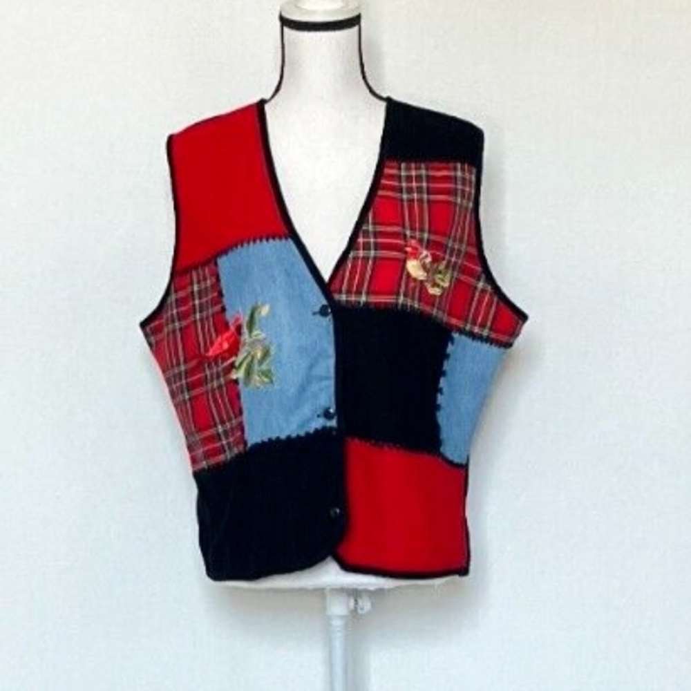 Vtg 1980s Tartan Corduroy Vest  With Patchwork Design - Picture 2 of 15